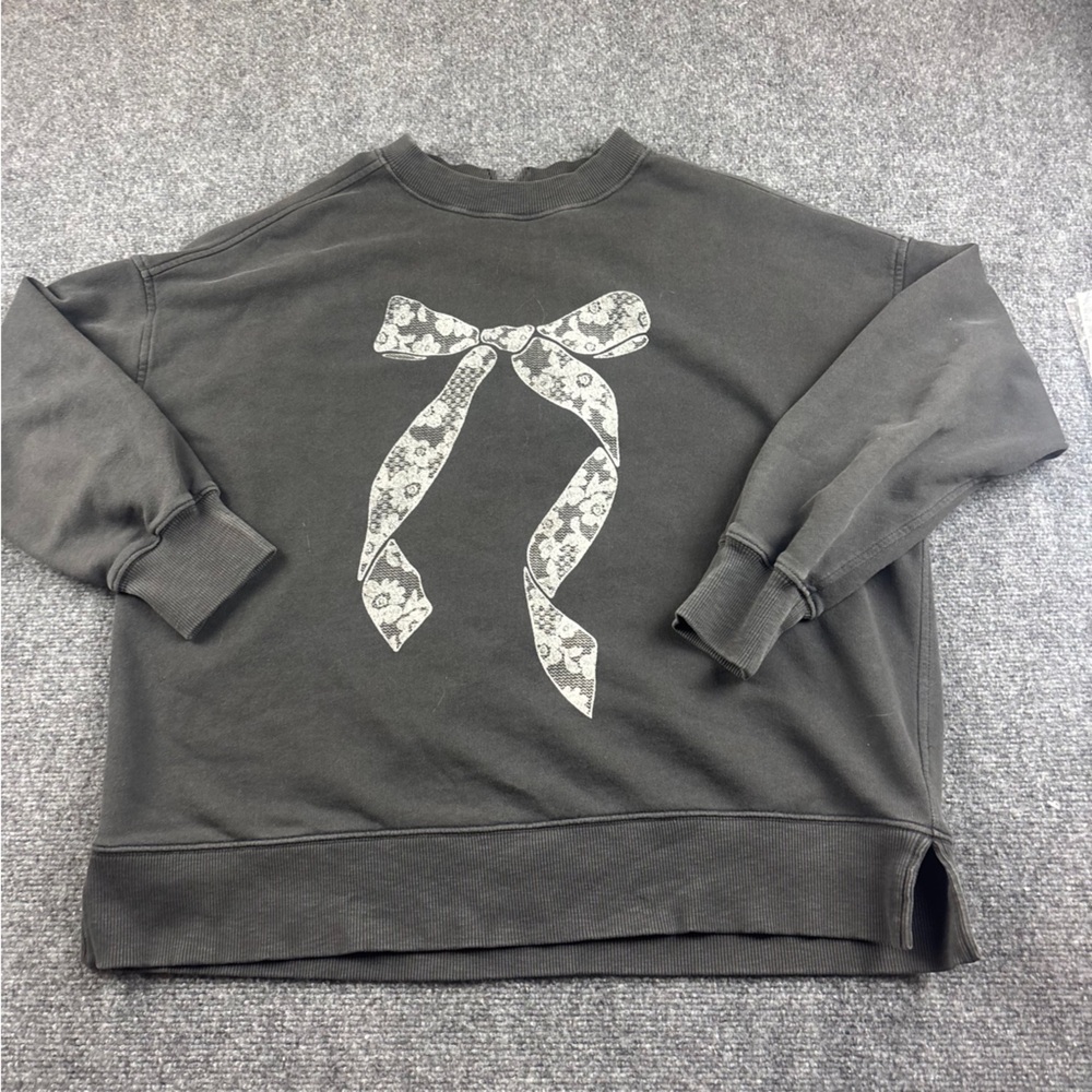 AERIE Women’s Charcoal Grey Crewneck Lace Bow Sweatshirt Keyhole cut out - Small